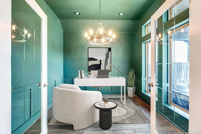 home office featuring a chandelier, wood finished floors, and recessed lighting