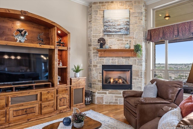 living area with ornamental molding, a fireplace, and wood finished floors