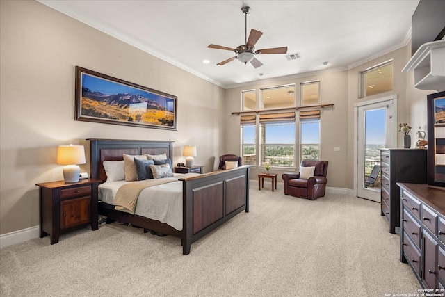 bedroom with visible vents, baseboards, light colored carpet, access to exterior, and crown molding