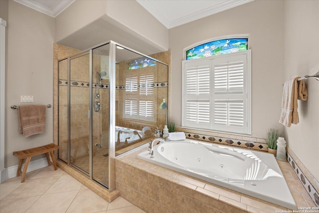 full bathroom featuring ornamental molding, a stall shower, and a tub with jets