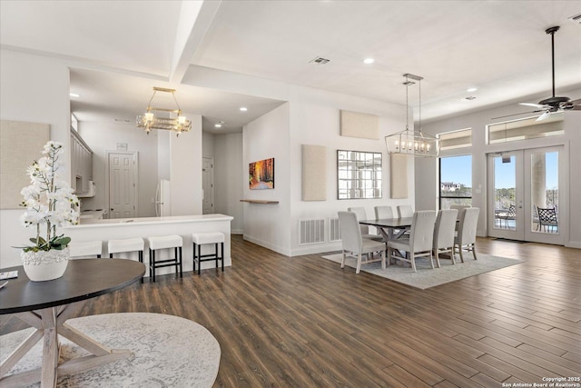 dining room with recessed lighting, visible vents, baseboards, french doors, and dark wood-style floors