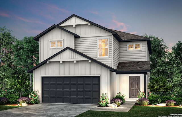 modern inspired farmhouse featuring a garage, driveway, roof with shingles, and board and batten siding