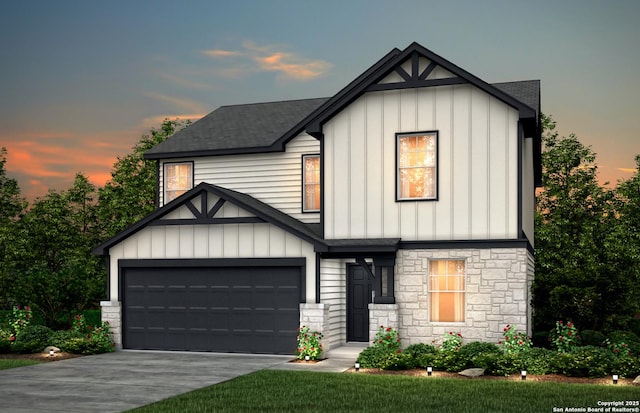 modern farmhouse style home with driveway, board and batten siding, and roof with shingles