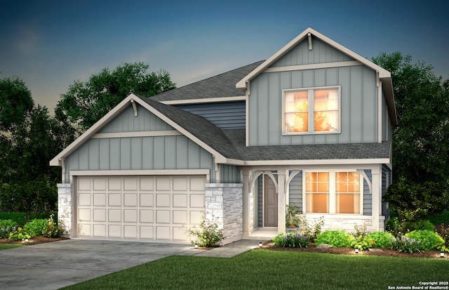 view of front facade with a garage, stone siding, driveway, roof with shingles, and board and batten siding