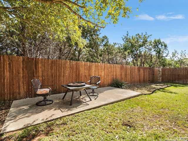 view of yard featuring a patio and a fenced backyard