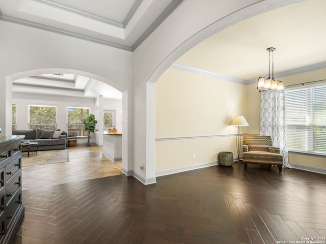 interior space featuring a raised ceiling, plenty of natural light, and ornamental molding