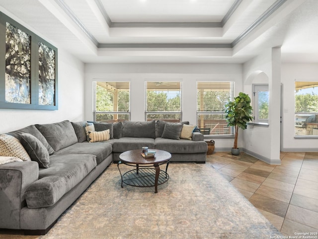 living area featuring a raised ceiling, crown molding, and a healthy amount of sunlight