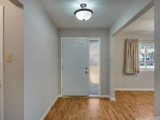 entrance foyer with baseboards and wood finished floors