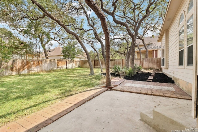 view of yard with a fenced backyard and a patio