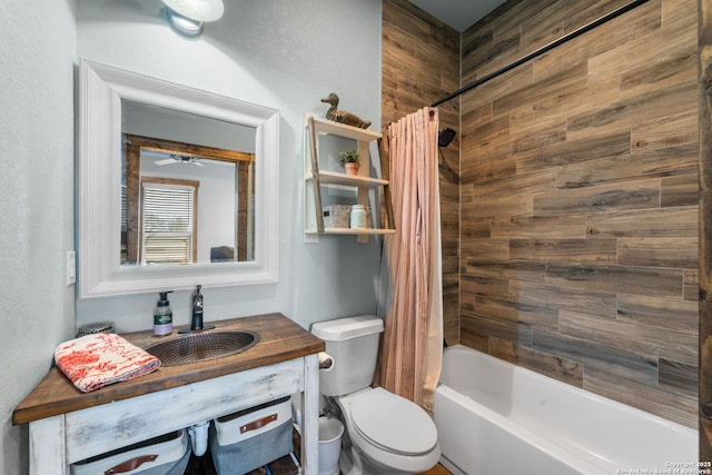 full bath with vanity, shower / bath combination with curtain, and toilet