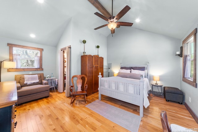 bedroom with recessed lighting, a ceiling fan, vaulted ceiling, light wood-type flooring, and baseboards