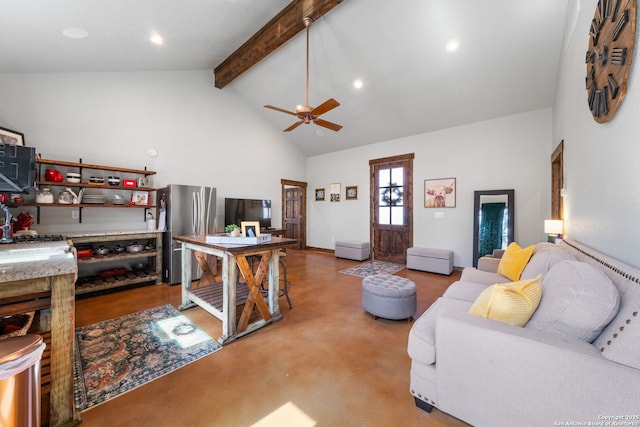 living room featuring high vaulted ceiling, recessed lighting, beam ceiling, and a ceiling fan