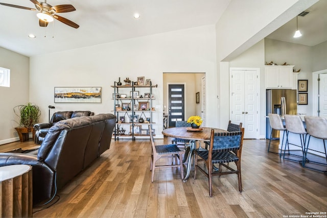 dining room featuring recessed lighting, visible vents, ceiling fan, and wood finished floors