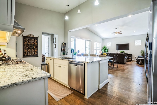 kitchen featuring stainless steel appliances, dark wood-style flooring, a sink, and a ceiling fan