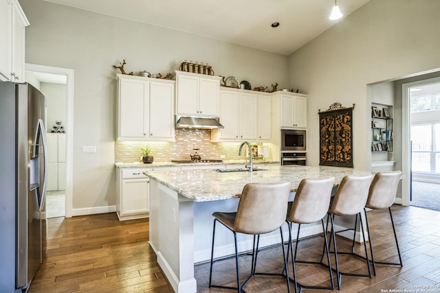 kitchen with appliances with stainless steel finishes, dark wood finished floors, a sink, and under cabinet range hood