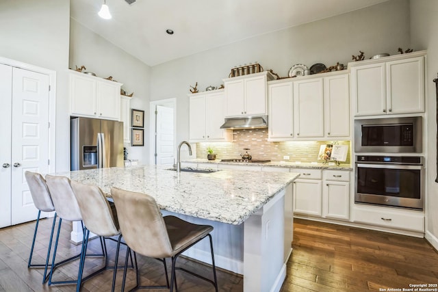 kitchen featuring dark wood finished floors, backsplash, stainless steel appliances, under cabinet range hood, and a sink