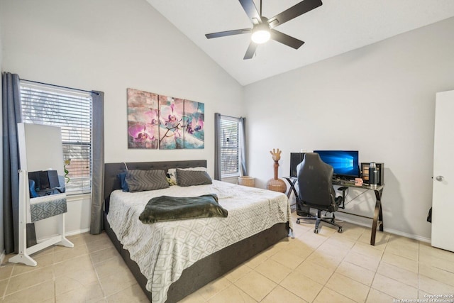 tiled bedroom featuring ceiling fan, high vaulted ceiling, multiple windows, and baseboards