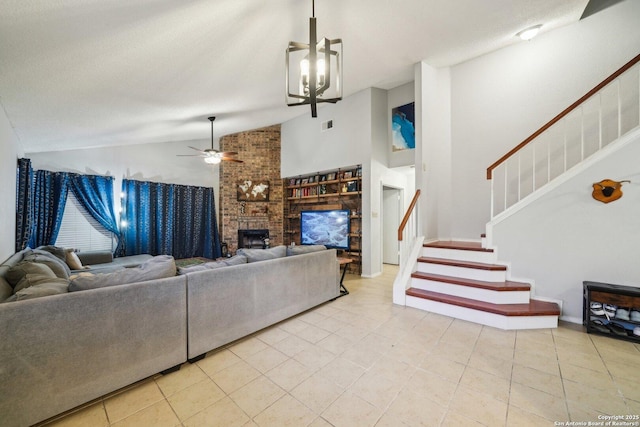 living room featuring a brick fireplace, tile patterned flooring, stairs, and high vaulted ceiling