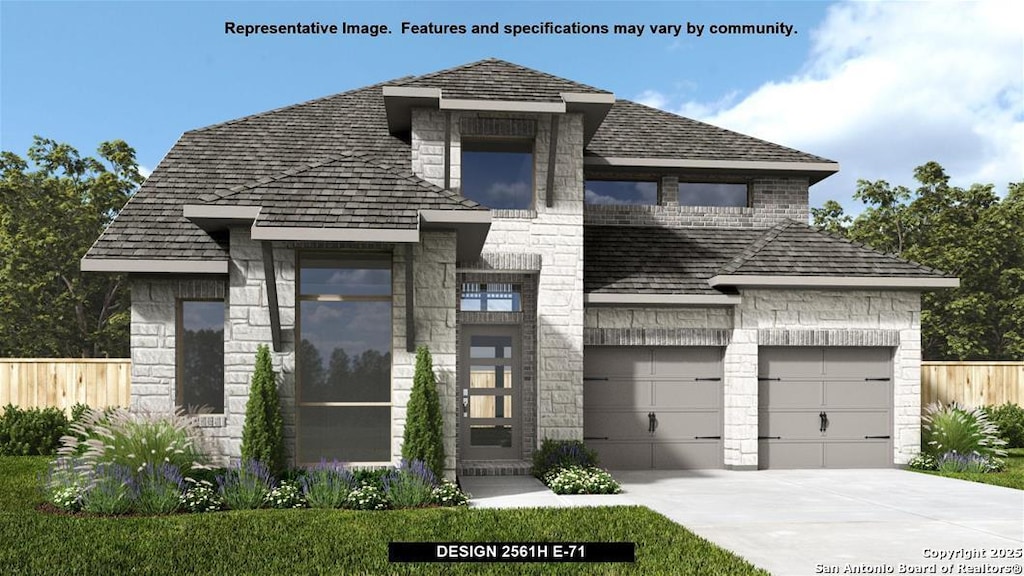 view of front of property with a garage, stone siding, fence, and driveway