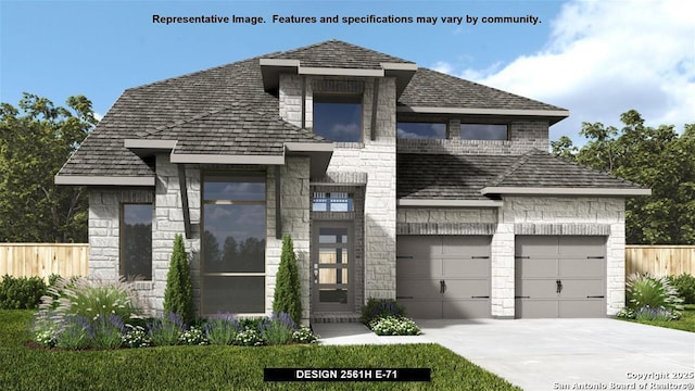 view of front of property with a garage, stone siding, fence, and driveway