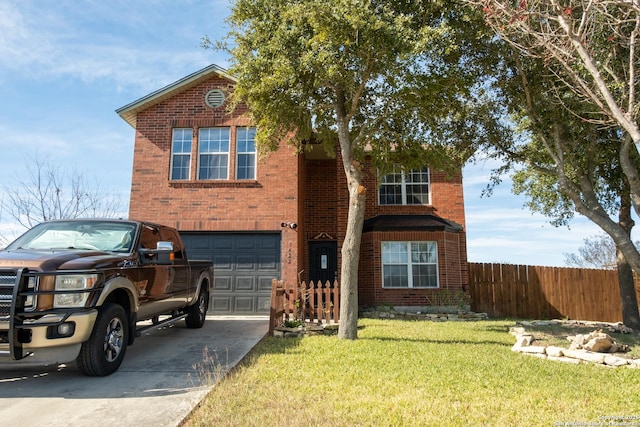 traditional-style home with brick siding, concrete driveway, fence, a garage, and a front lawn