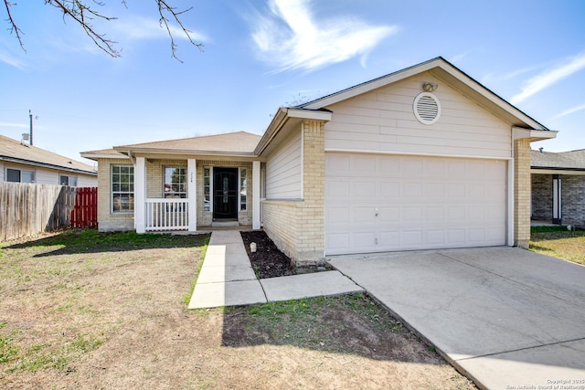 ranch-style house with brick siding, a porch, an attached garage, fence, and driveway