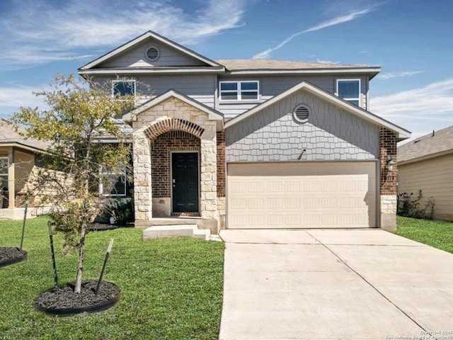 view of front of property with a garage, driveway, stone siding, and a front yard