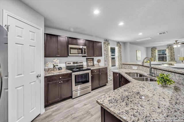 kitchen with a sink, visible vents, light wood-style floors, dark brown cabinets, and appliances with stainless steel finishes