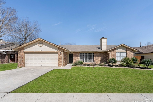 ranch-style house featuring a garage, brick siding, driveway, and a front lawn