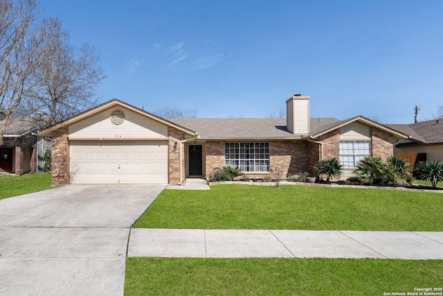 ranch-style house featuring a front lawn, brick siding, driveway, and an attached garage