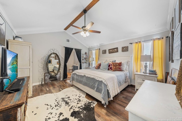 bedroom featuring dark wood finished floors, lofted ceiling, visible vents, ornamental molding, and ceiling fan