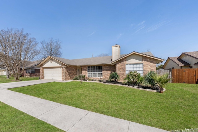 ranch-style home featuring brick siding, a chimney, concrete driveway, fence, and a garage