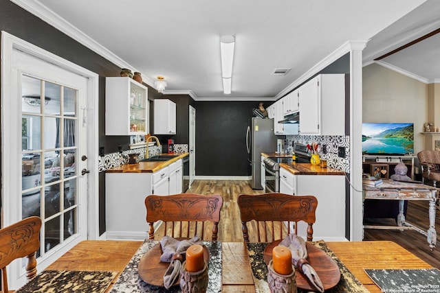 kitchen with visible vents, butcher block countertops, appliances with stainless steel finishes, under cabinet range hood, and a sink