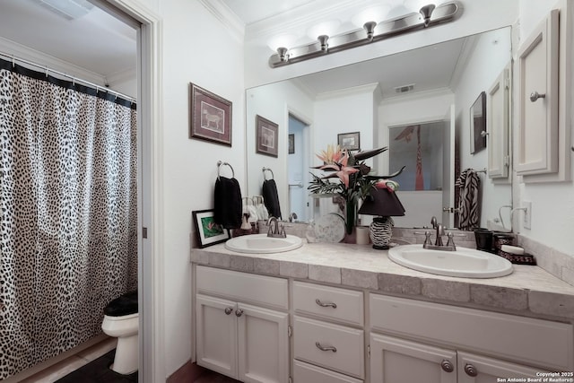 bathroom with double vanity, ornamental molding, a sink, and visible vents