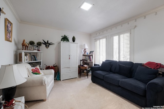 living area featuring ornamental molding and light colored carpet