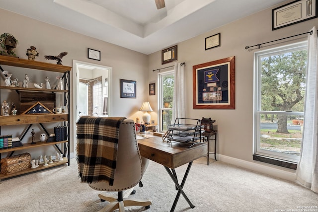 carpeted office featuring ceiling fan, a tray ceiling, and baseboards