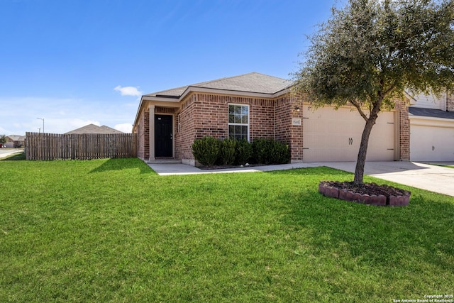 single story home with fence, a front lawn, concrete driveway, and brick siding