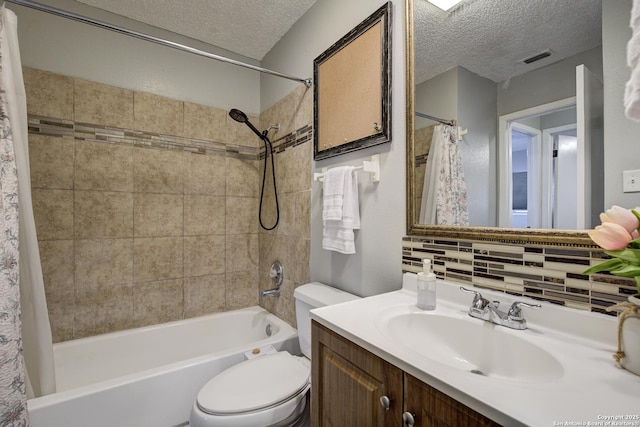 bathroom with a textured ceiling, toilet, vanity, backsplash, and shower / bathtub combination with curtain