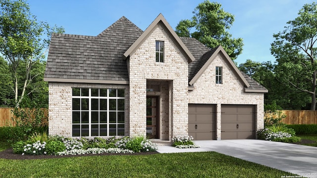 view of front of property featuring brick siding, fence, driveway, roof with shingles, and a front lawn