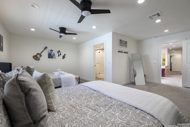 bedroom featuring baseboards, visible vents, and recessed lighting