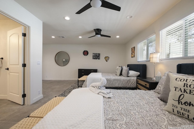 bedroom with baseboards, visible vents, a ceiling fan, and recessed lighting