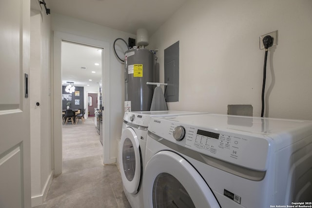 laundry area with water heater, laundry area, washer and clothes dryer, and electric panel