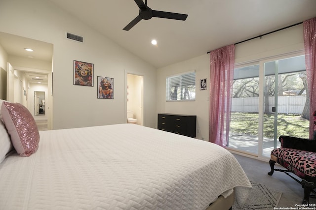 carpeted bedroom with visible vents, a ceiling fan, ensuite bath, access to outside, and vaulted ceiling