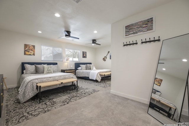 bedroom featuring a ceiling fan, recessed lighting, and baseboards