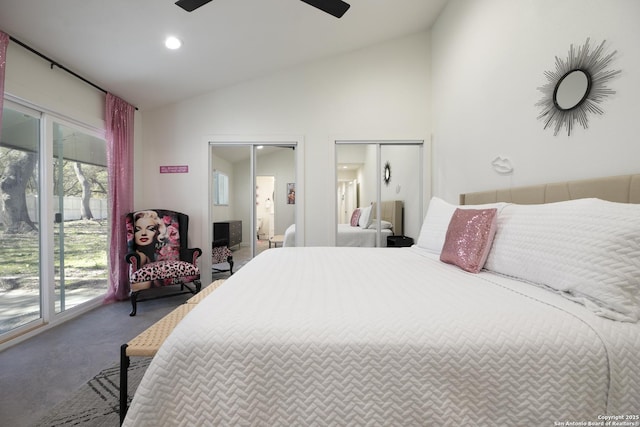 carpeted bedroom featuring a ceiling fan, access to outside, high vaulted ceiling, two closets, and recessed lighting