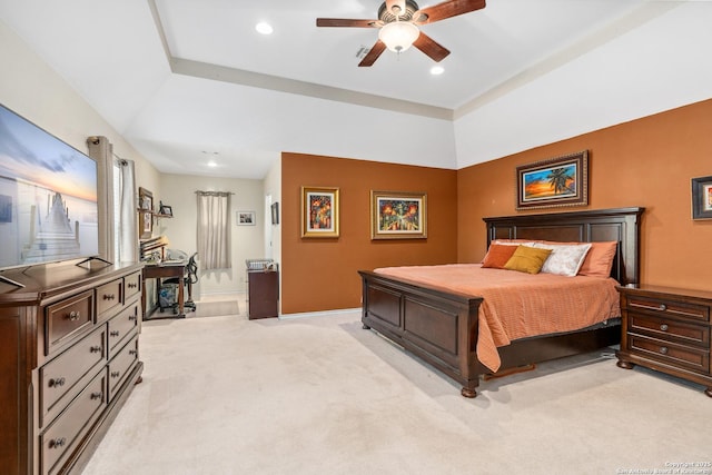 bedroom featuring a ceiling fan, recessed lighting, light carpet, and baseboards