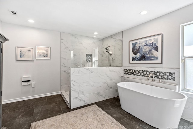 full bathroom with a walk in shower, recessed lighting, visible vents, marble finish floor, and a soaking tub