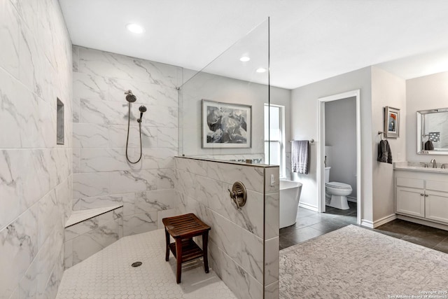 bathroom with recessed lighting, a soaking tub, vanity, and a walk in shower