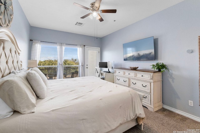 bedroom featuring access to exterior, visible vents, light carpet, ceiling fan, and baseboards