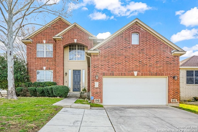 traditional home featuring a garage, brick siding, driveway, and a front lawn